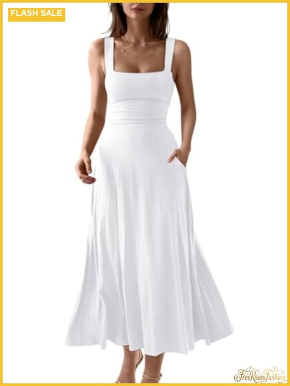 Sleeveless Square Neck A-Line Flowy Long Dress with Pockets